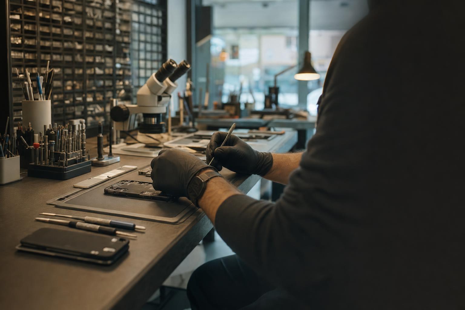 An Assr Care technician repairing a device with genuine parts at a workbench